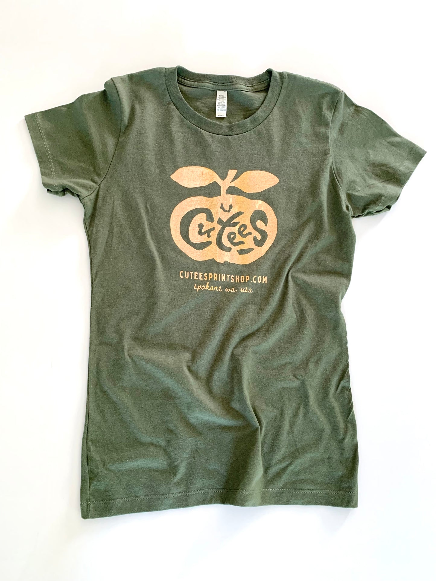 Cutees Original Logo Tee in Dark Olive + Peach, Cute Fit