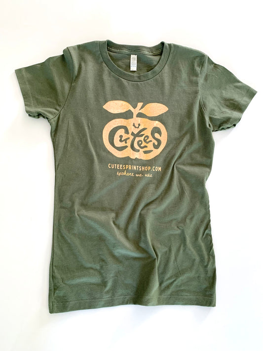 Cutees Original Logo Tee in Dark Olive + Peach, Cute Fit