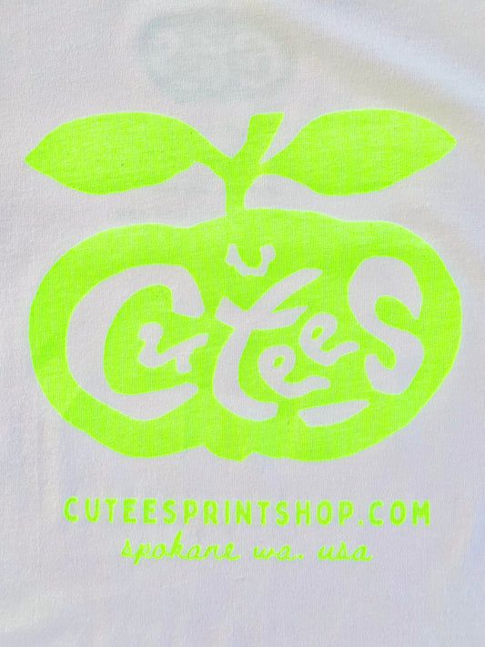 Cutees Original Logo Tee in White-Neon, Classic Fit